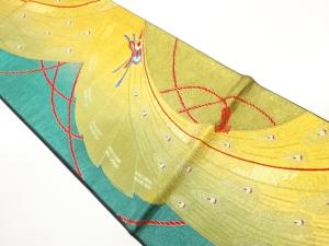 変わり檜扇に孔雀羽根・古典柄模様織出し袋帯